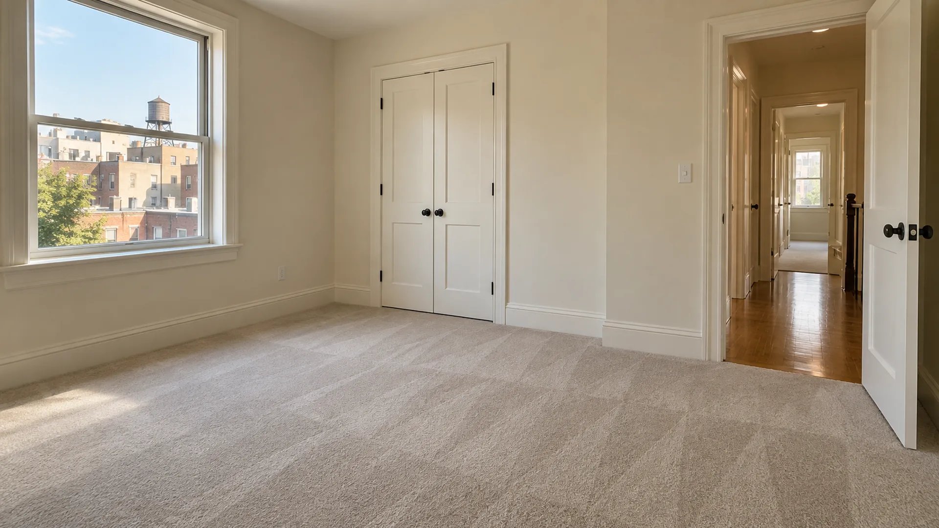 A Brooklyn bedroom with new wall-to-wall carpet and a neat threshold at the door