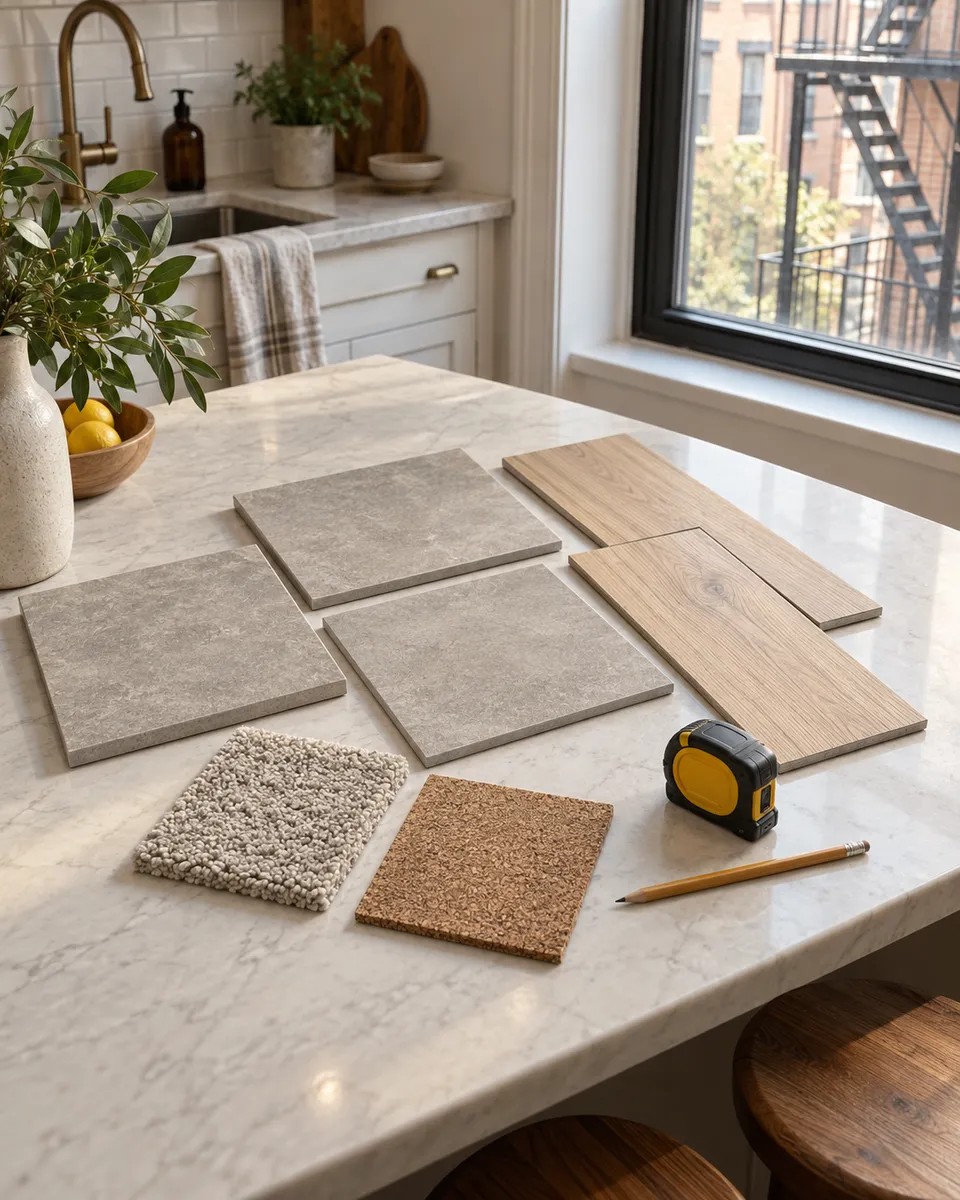 Floor tile, vinyl plank and carpet samples side by side on a kitchen counter