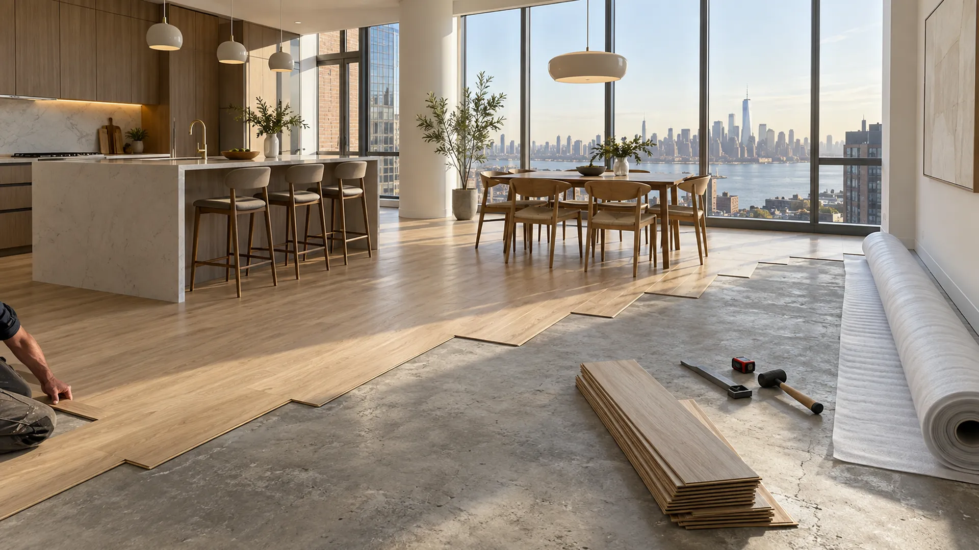 A new Brooklyn condo kitchen floor being covered with light oak vinyl planks