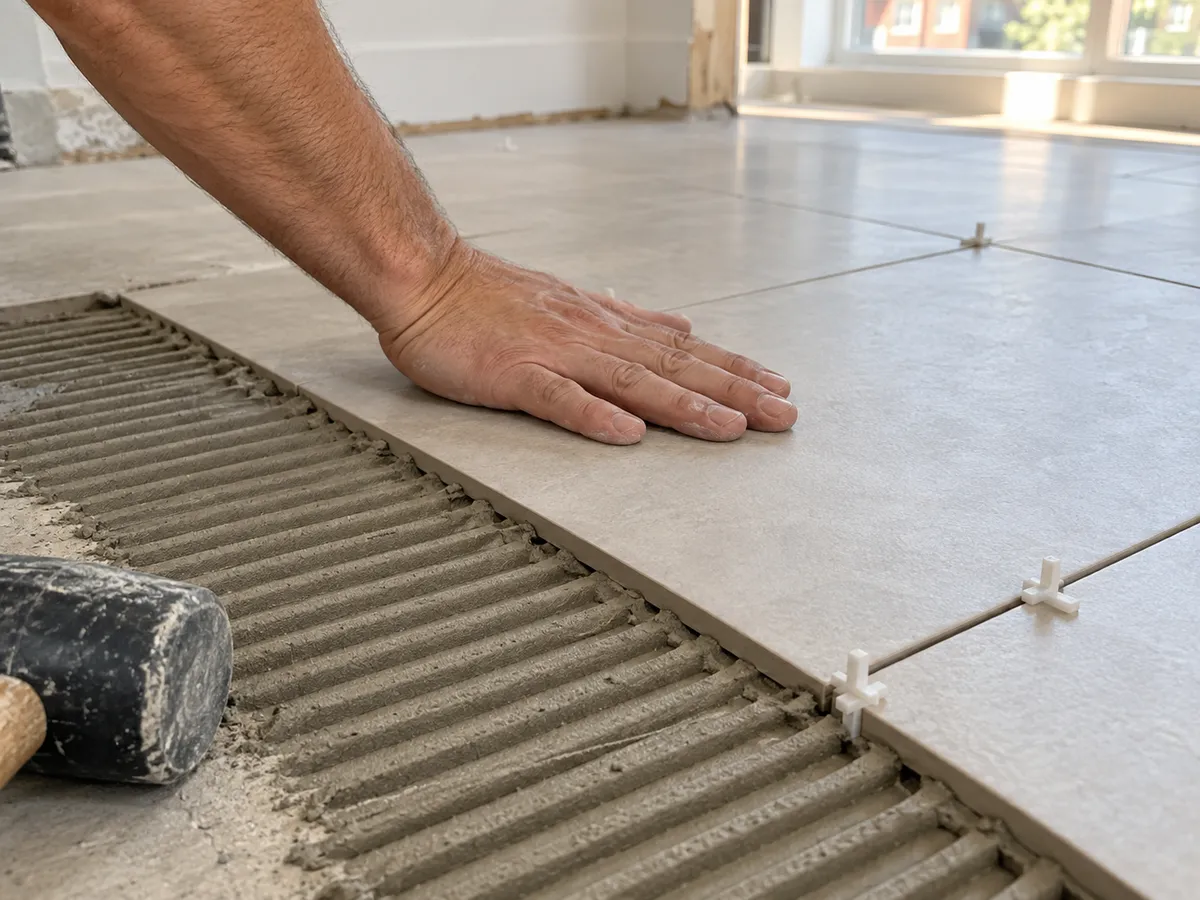 A porcelain floor tile being pressed into combed mortar