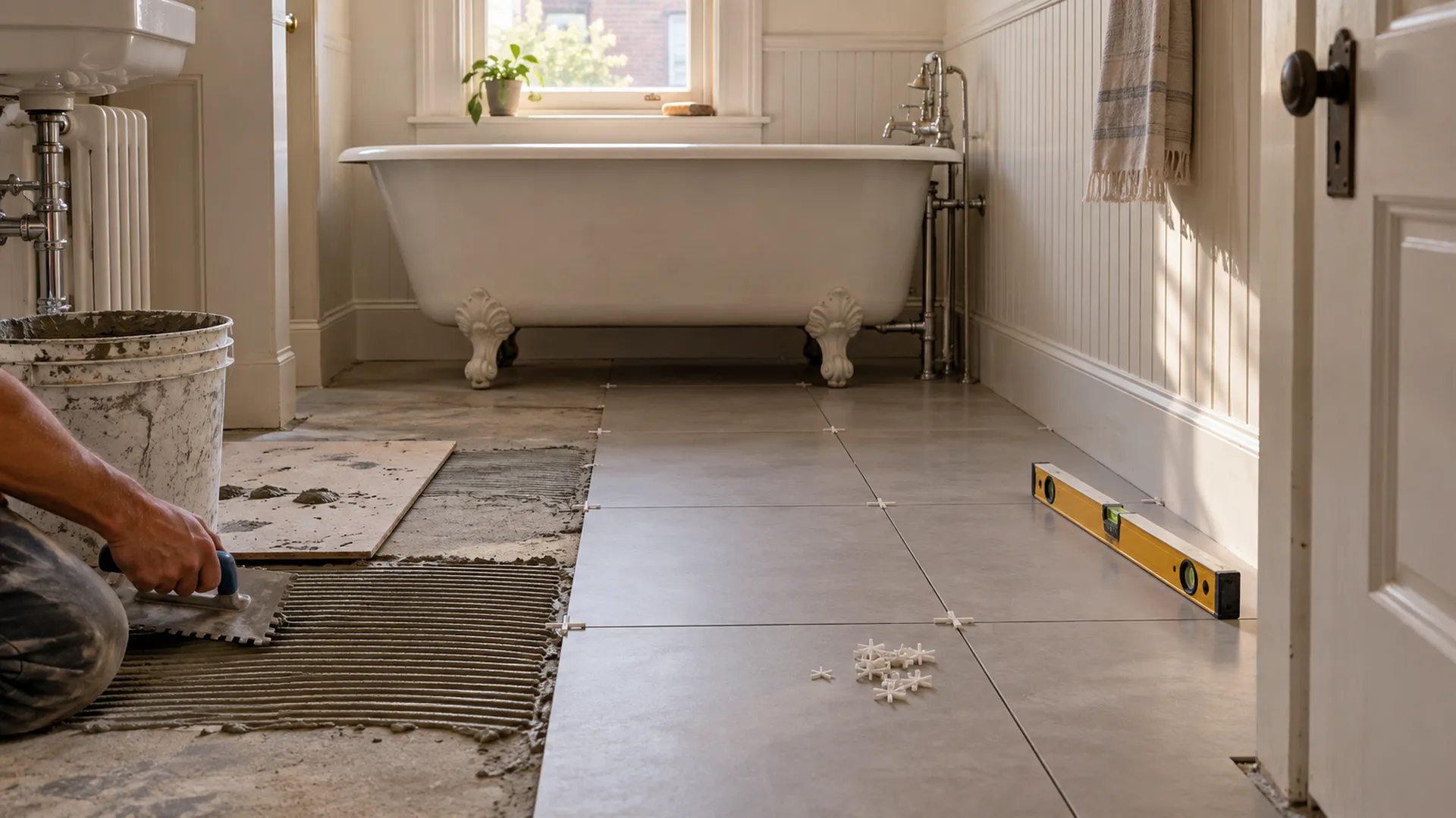 A Brooklyn row house bathroom floor being tiled with large grey porcelain tiles
